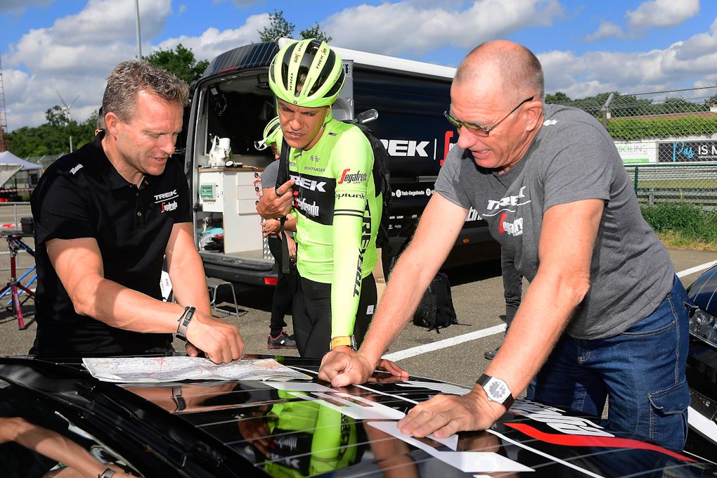 Trek-Segafredo's Steven de Jongh and Jasper Stuyven talk strategy at team time trial practice in Zolder