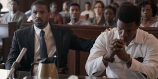 Just Mercy Michael B. Jordan comforts Jamie Foxx in the courtroom