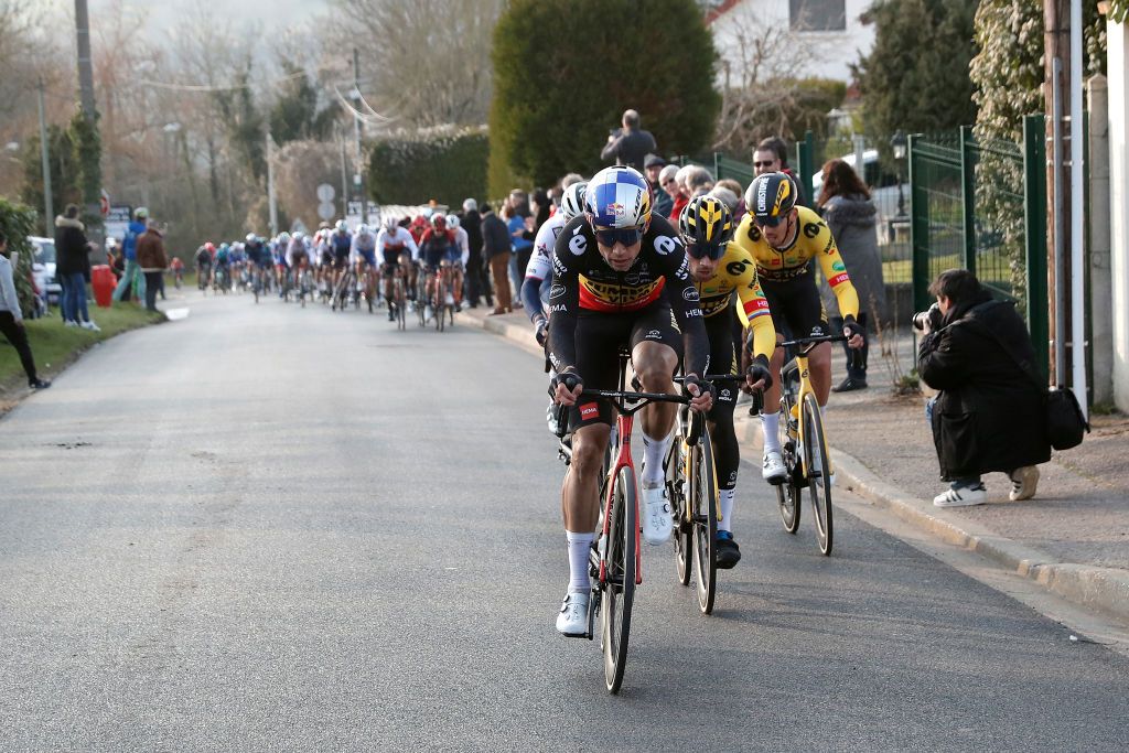 MANTESLAVILLE FRANCE MARCH 06 Wout Van Aert of Belgium Primoz Roglic of Slovenia Christophe Laporte of France and Team Jumbo Visma and Zdenek Stybar of Czech Republic and Team QuickStep Alpha Vinyl attack in the final kilometres during the 80th Paris Nice 2022 Stage 1 a 160km stage from ManteslaVille to ManteslaVille ParisNice WorldTour on March 06 2022 in ManteslaVille France Photo by Bas CzerwinskiGetty Images