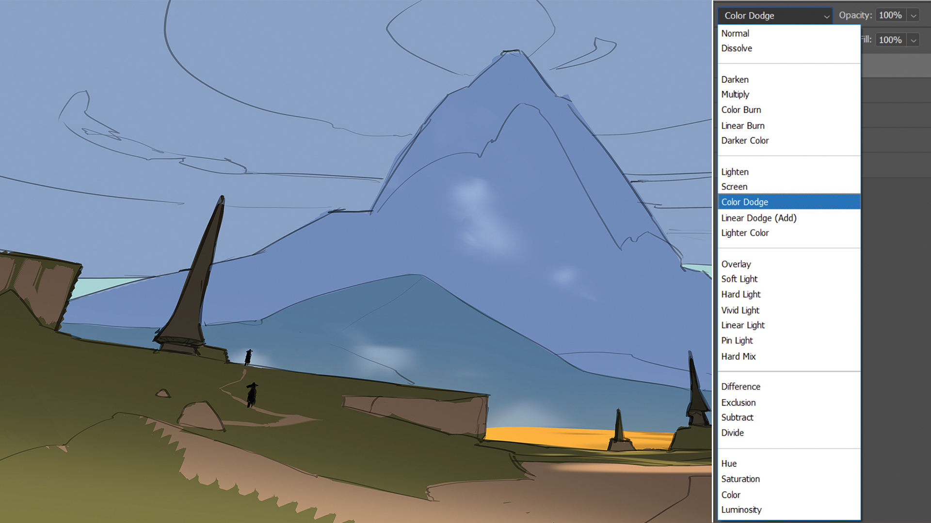 Digital art process showing the creation of a new layer in Photoshop with Color Dodge blend mode 
