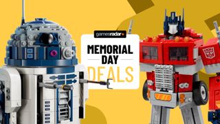 Lego R2-D2 and Optimus Prime on either side of a GamesRadar+ 'Memorial Day deals' badge, against a yellow background