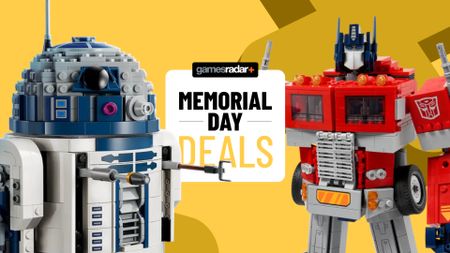 Lego R2-D2 and Optimus Prime on either side of a GamesRadar+ 'Memorial Day deals' badge, against a yellow background