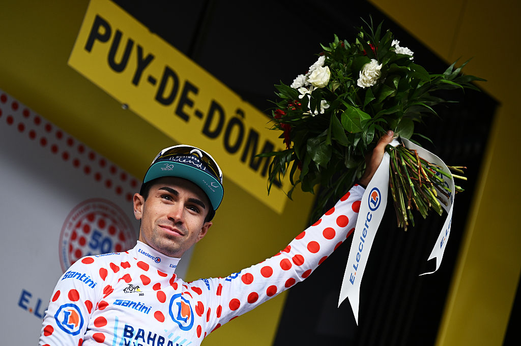 LE MONT-DORE PUY DE SANCY, FRANCE - JULY 14: Lenny Martinez of France and Team Bahrain - Victorious celebrates at podium as Polka dot Mountain Jersey winner during the 112th Tour de France 2025, Stage 10 a 165.3km stage from Ennezat to Le Mont-Dore Puy de Sancy (Super Sancy) 1318m / #UCIWT / on July 14, 2025 in Le Mont-Dore Puy de Sancy, France. (Photo by Tim de Waele/Getty Images)