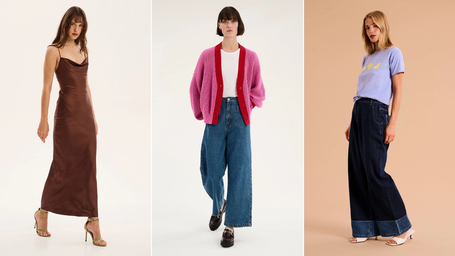 Three models wearing different clothes from Omnes