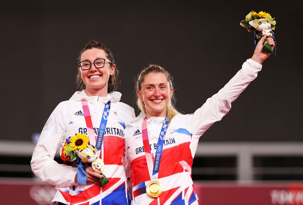 Katie Archibald and Laura Kenny celebrate their Madison gold medal