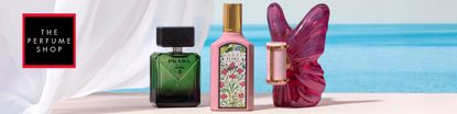 the perfume shop logo to left with a wide image of three perfumes 