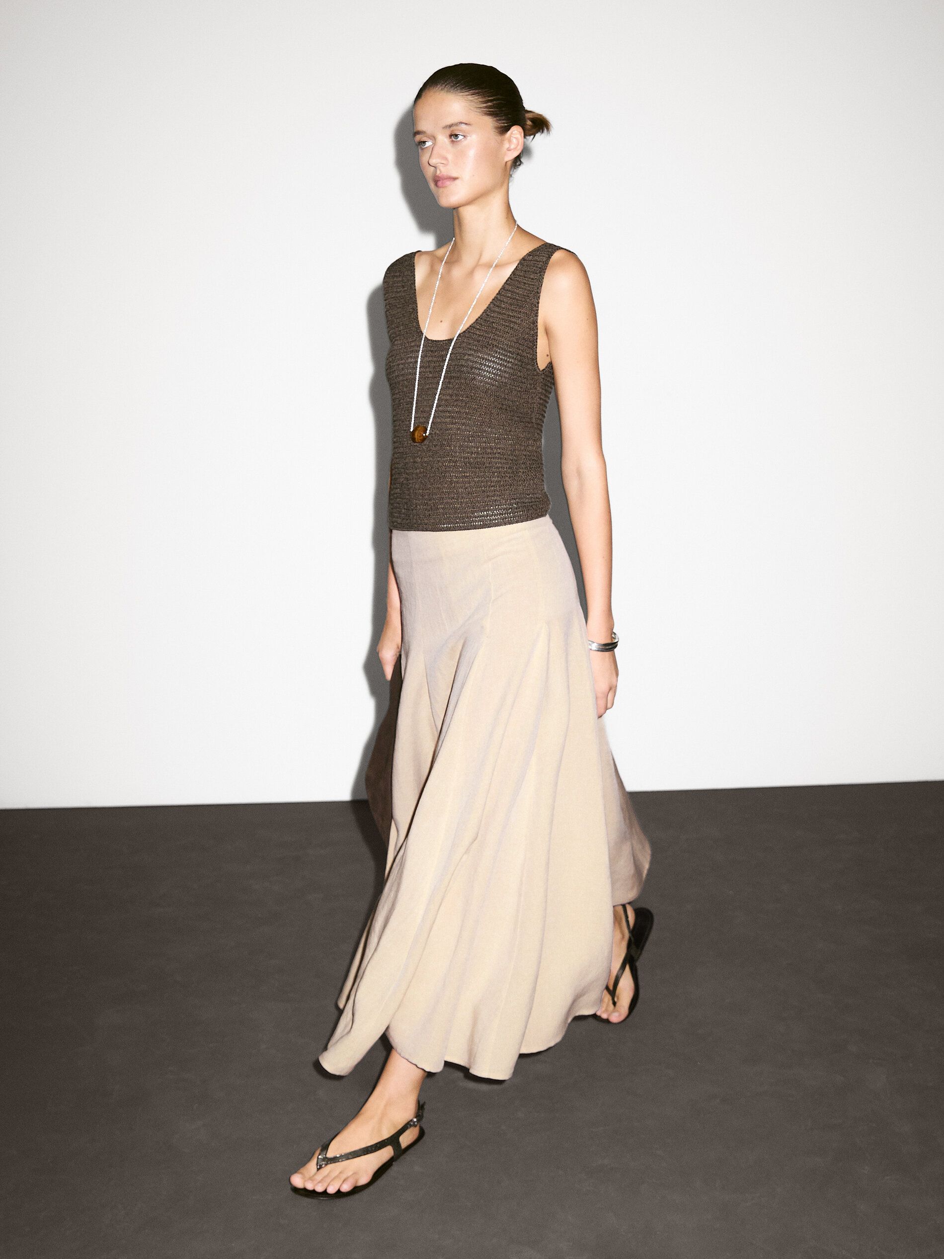 Flounce Linen Blend Midi Skirt