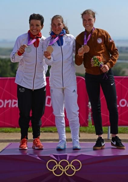 Elite women's cross country Olympic podium: Sabine Spitz (Germany), Julie Bresset (France), Georgia Gould (USA)