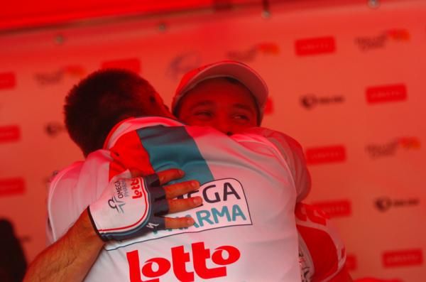 Philippe Gilbert hands out the hugs at the finish