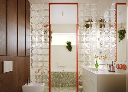 A bathroom with a shower and bath encased in a glass brick wall, red accents, and a terrazzo tiled floor