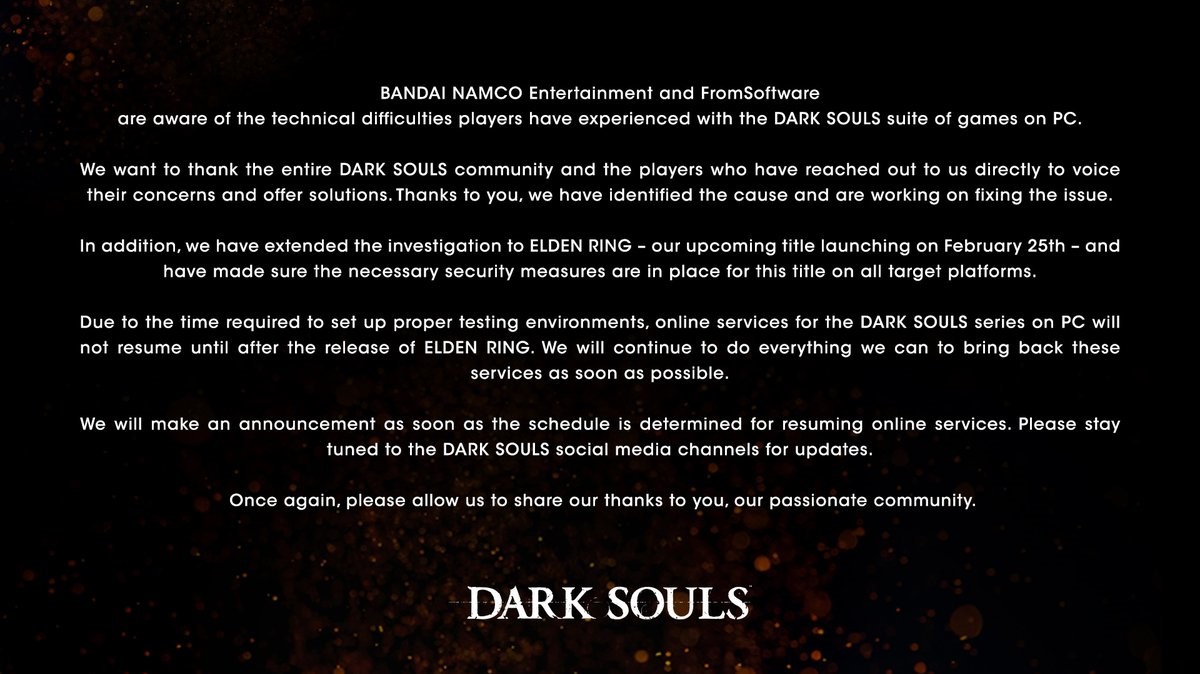La vulnerabilidad de seguridad mantendrá los servidores de PC de Dark Souls fuera de línea hasta después del lanzamiento de Elden Ring