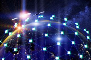 A network of linked satellites orbiting the earth. Global satellite internet service concept 3D illustration.