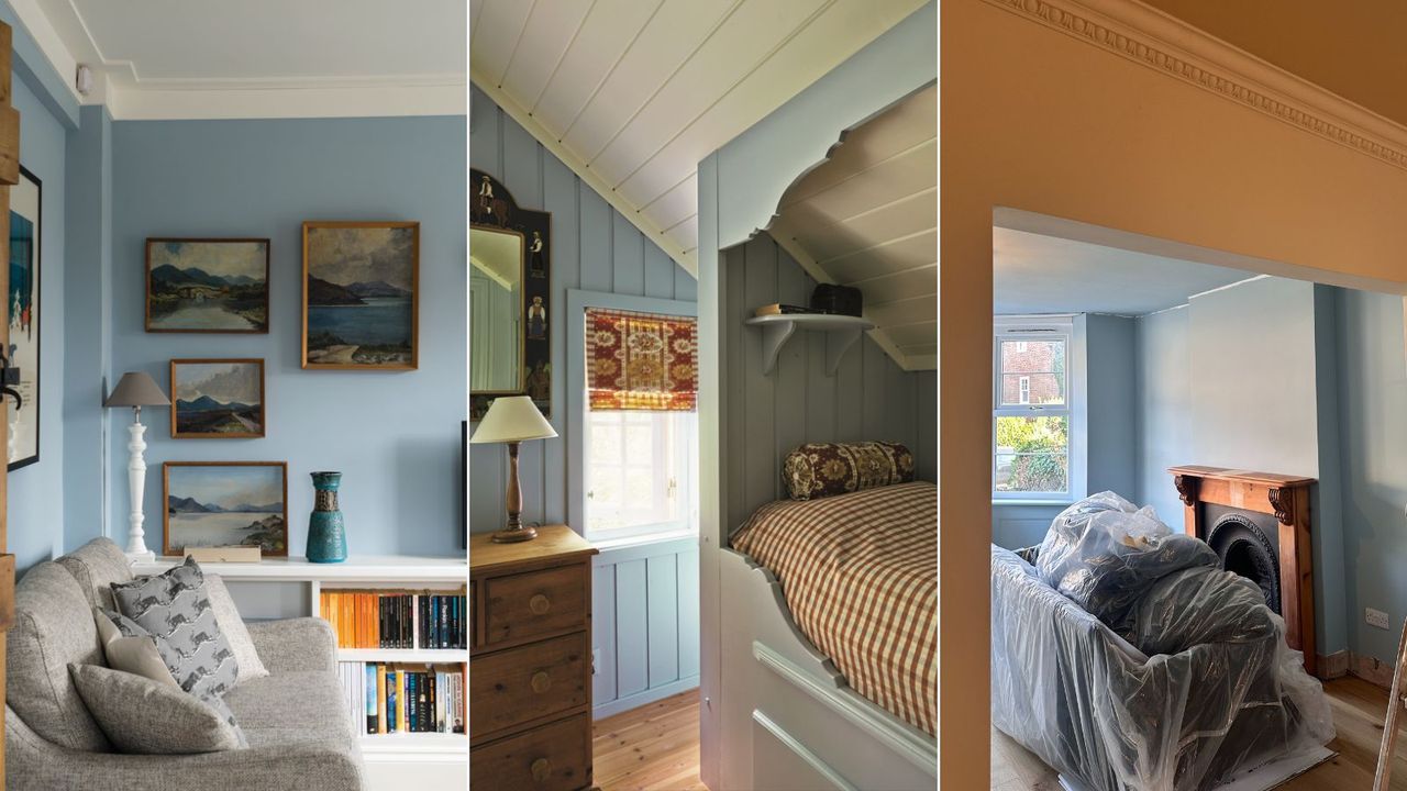 trio of images of rooms painted in the pale blue farrow and ball paint shade parma gray