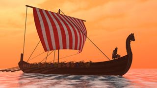 A Viking longboat sails through calm ocean waters to their destinations for trade goods.