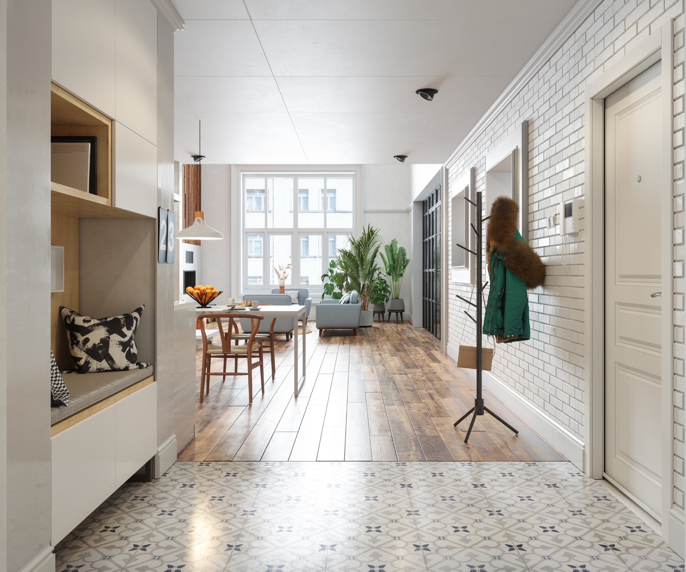 entrance with tiles and wooden flooring mix
