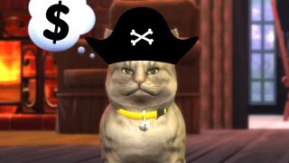 A photo illustration of a pirate Sims cat.