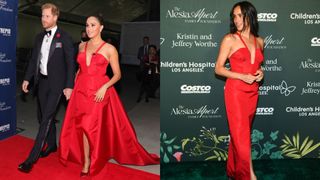 Meghan Markle wearing a red dress with a train walking a red carpet with Prince Harry next to a photo of her wearing the same dress without a train in front of a green backdrop