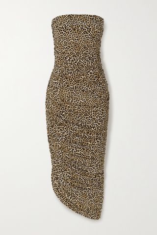 Diana Strapless Ruched Asymmetric Leopard-Print Stretch-Jersey Midi Dress