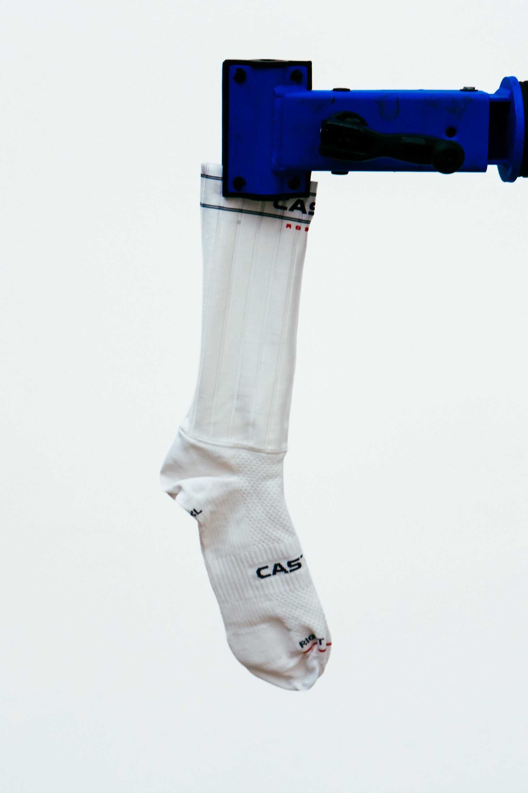 A close up shot of some socks being tested in the wind tunnel