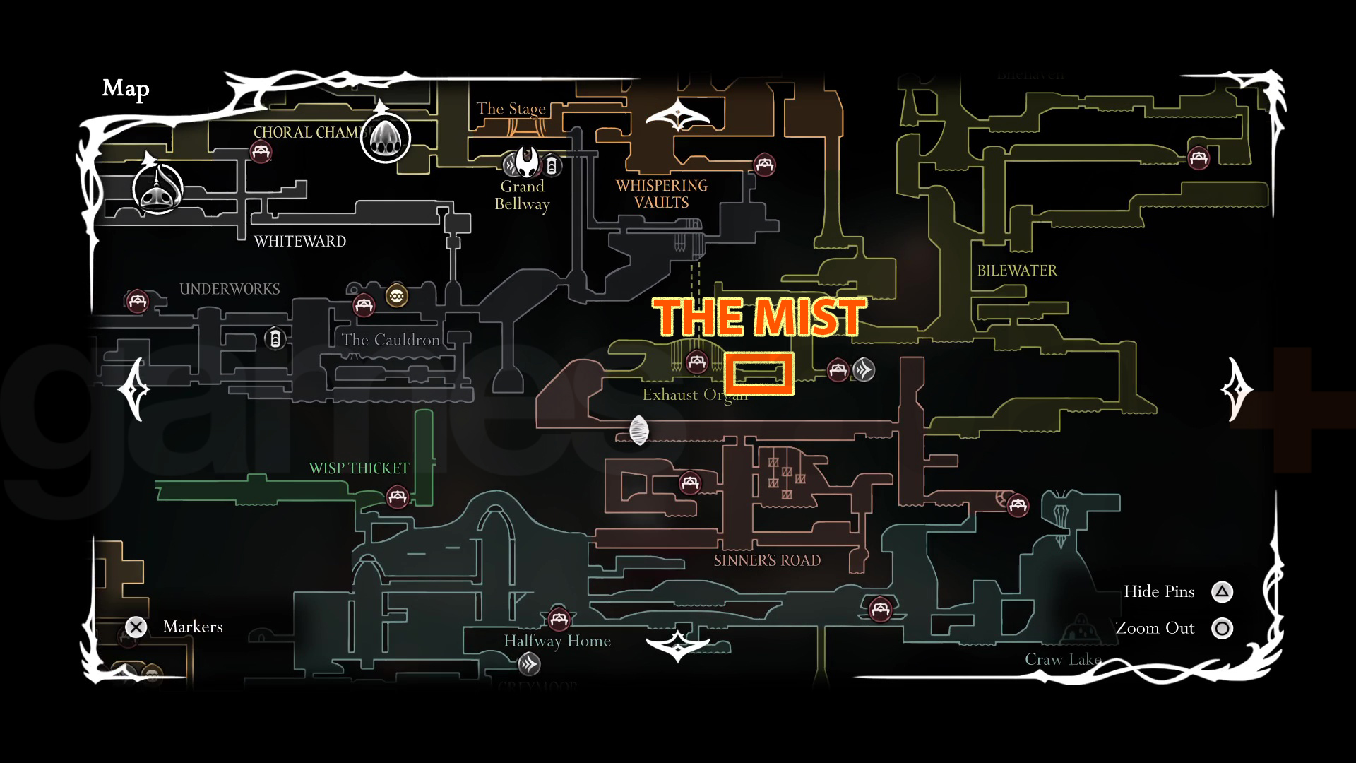 The small corridor representing The Mist on the map of Hollow Knight Silksong