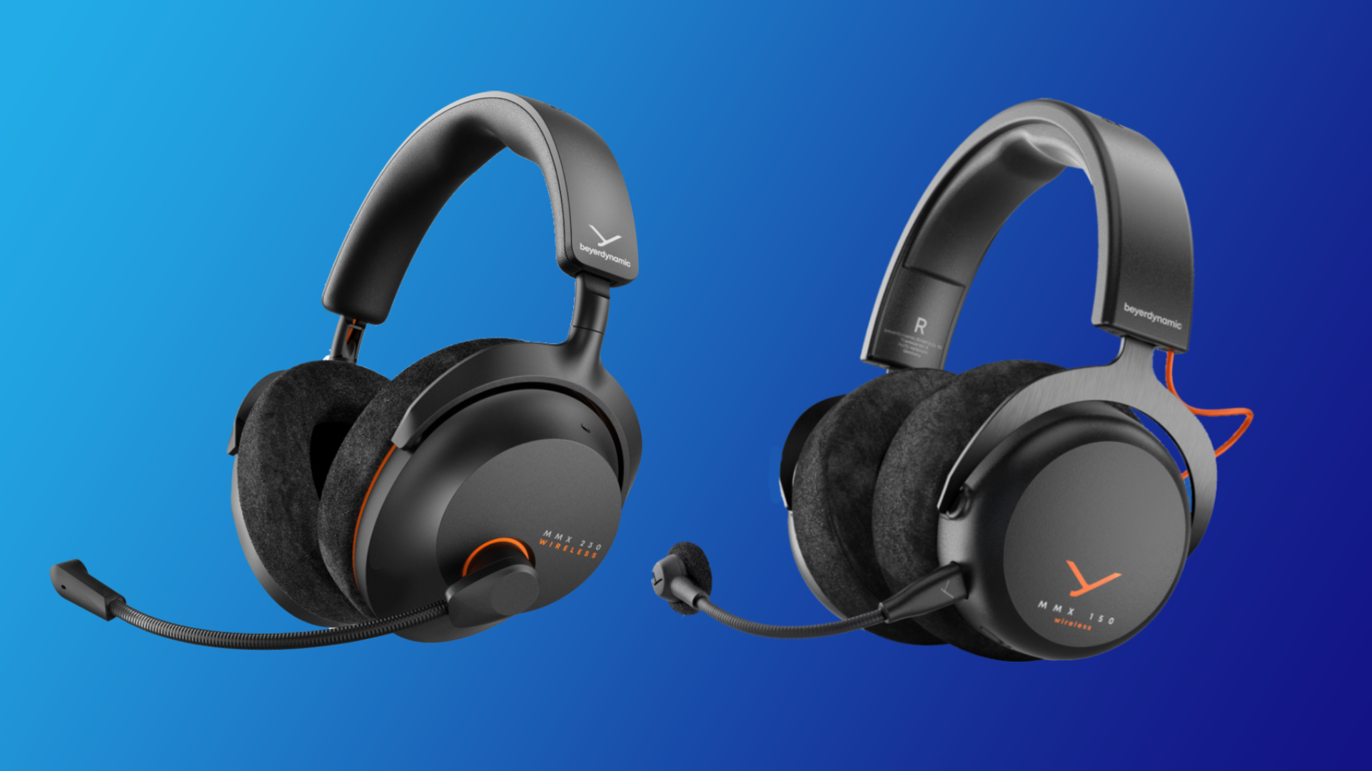 The Beyerdynamic MMX 150 and Beyerdynamic MMX 230 wireless gaming headsets on a blue gradient background