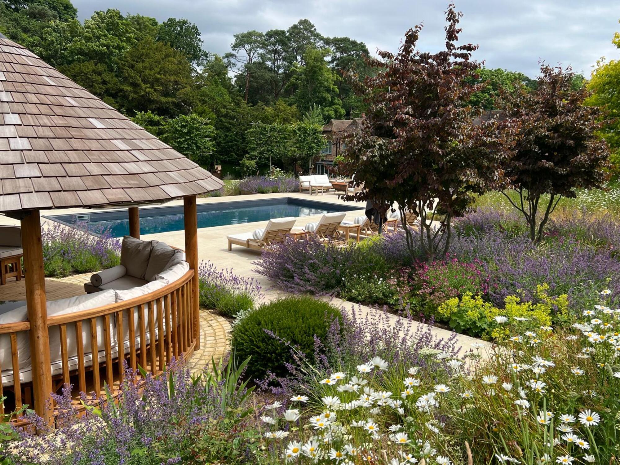 A garden with flower beds, a pool, and a pergola over garden seating