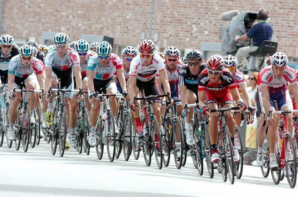 Race leader Taylor Phinney follows the wheel of BMC teammate Greg Van Avermaet through a turn.