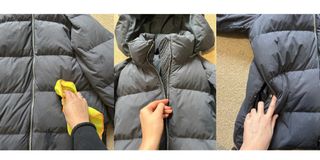 Trio of images of cleaning and prepping puffer jacket