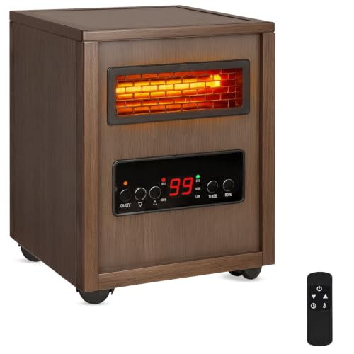 Hykolity 1500w Infrared Dual Heating Space Heater With Remote Control, 3 Heat Modes, Timer, Portable Electric Room Heater With 4 Moving Wheels, Walnut Coffee for Bedroom Office Indoor Use