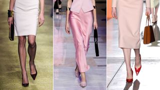 A composite of models on the runway showing fall winter shoe trends 2023 pointed courts