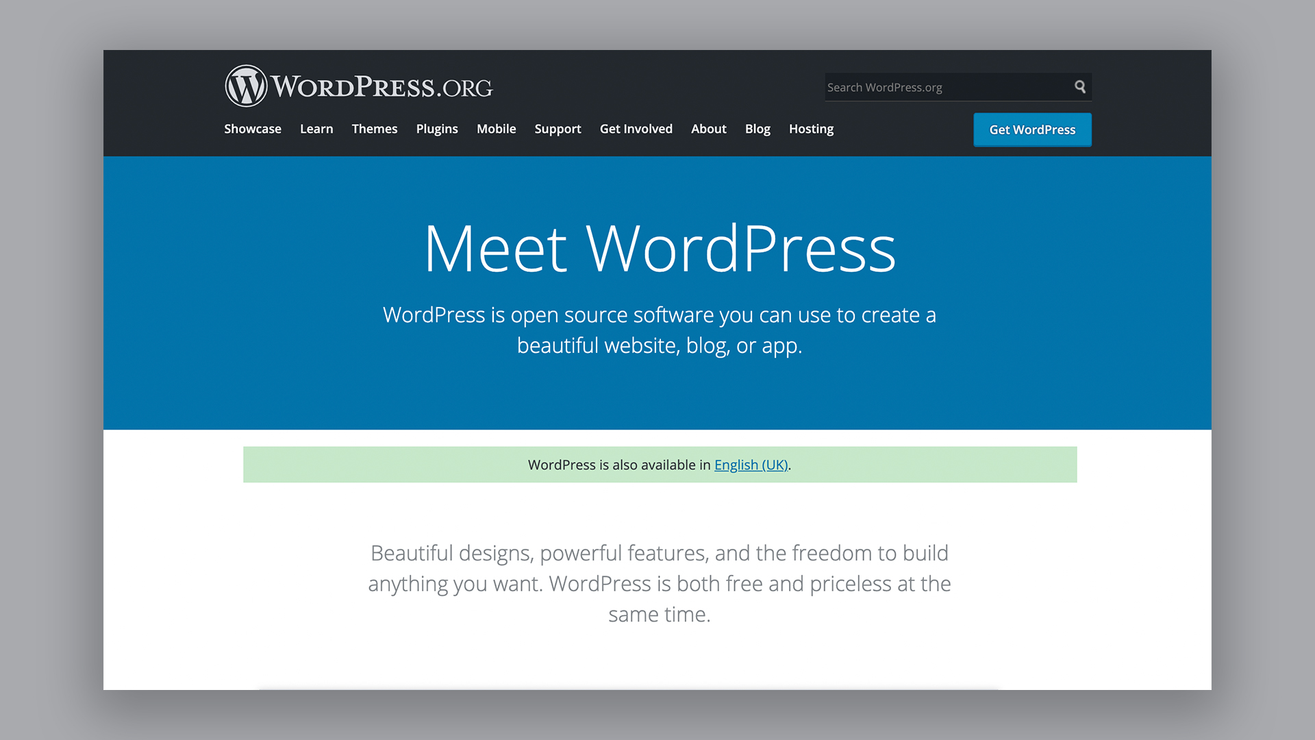 Homepage of WordPress.org, one of the best blogging platforms, with the headline 'Meet WordPress'