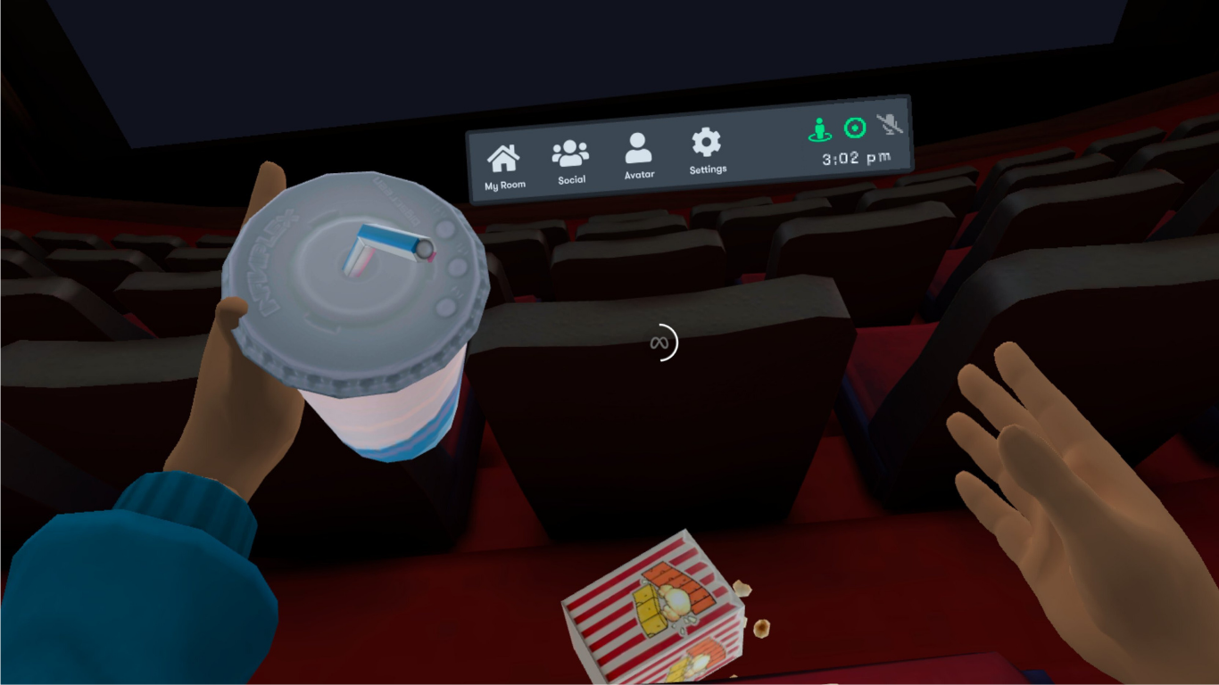 A screenshot from Bigscreen beta showing popcorned spilled in a virtual cinema