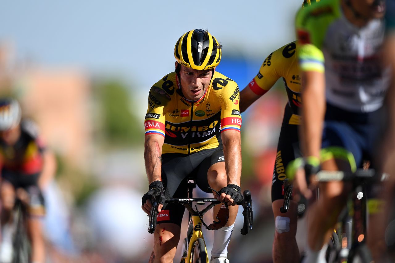 Primoz Roglic after his crash on stage 16 at the Vuelta