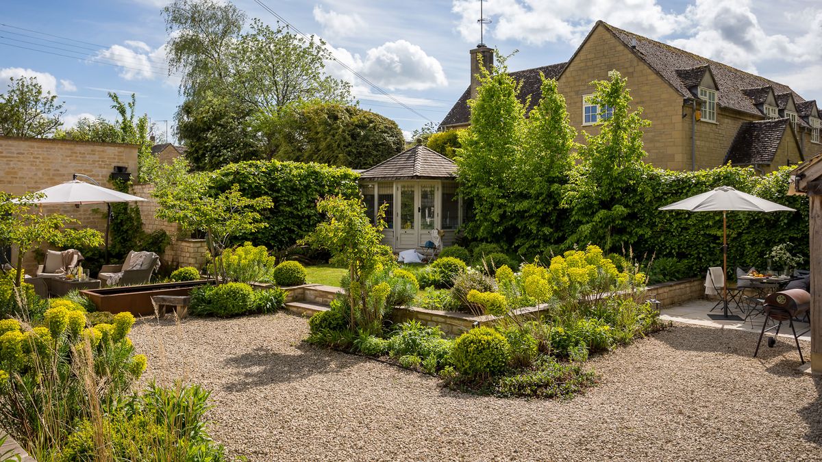 landscaped garden with summer house