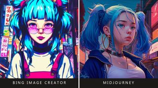 Bing Image Creator vs Midjourney prompt: Manga cover art style, teenage girl with pig tails, blue hair, Tokyo neon street