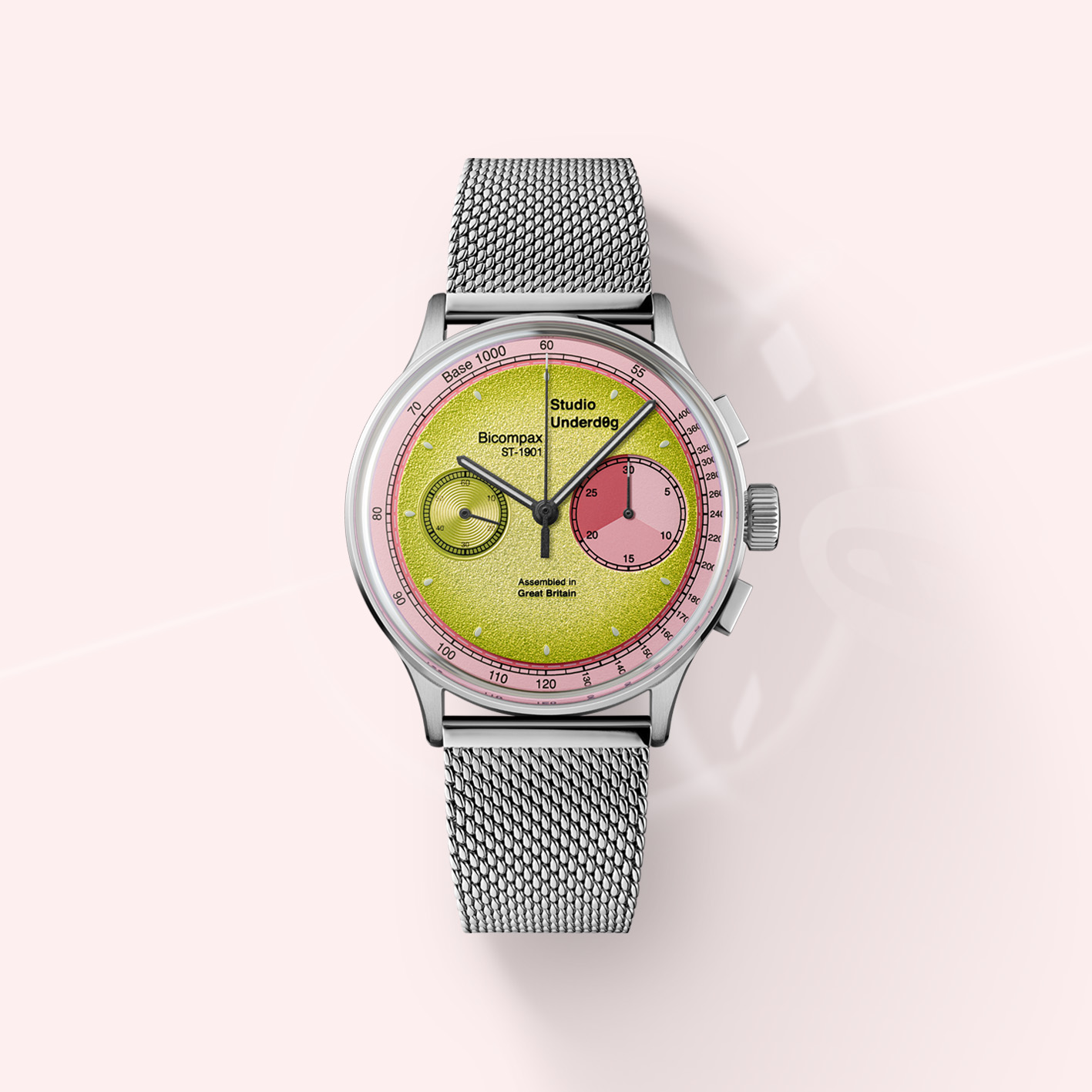 Silver watch with candy pink and watermelon green dial