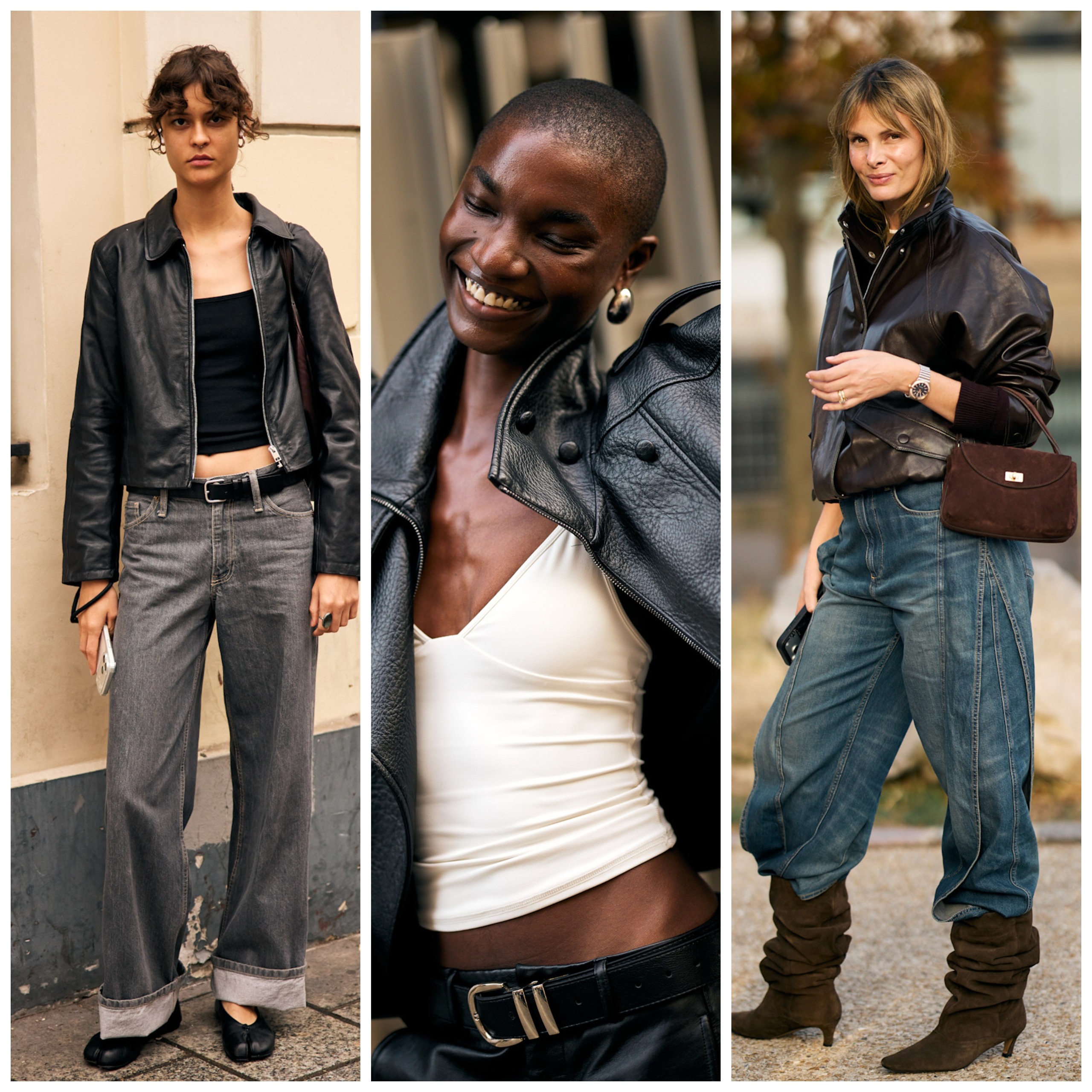 collage of women wearing cropped leather jackets 