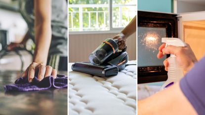composite of woman wiping counter, vacuuming matress and spraying microwave 