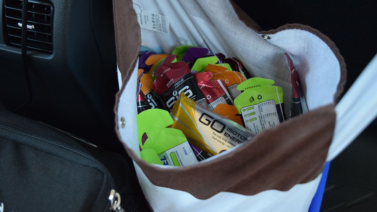 A musette full of energy gels is on hand for ease of access