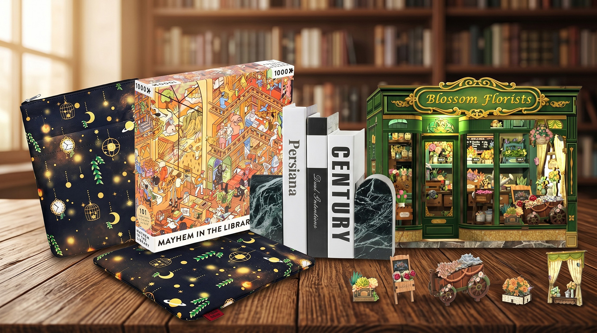 A selection of bookish gifts.