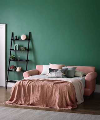 Pink styled sofa bed in living room with green wall and ladder shelf