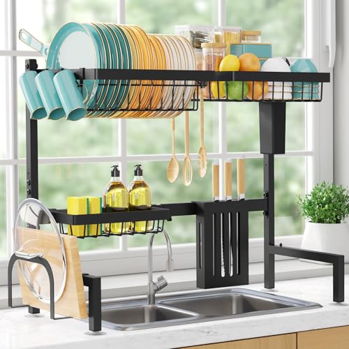 Sakugi Over the Sink Dish Drying Rack - Adjustable 2 Tier Large Capacity Stainless Steel Drainer With Cutlery &amp;amp; Utensil Holders, Kitchen Storage &amp;amp; Organization, 30"-33.9" L X 11" W X 21.5" H, Black
