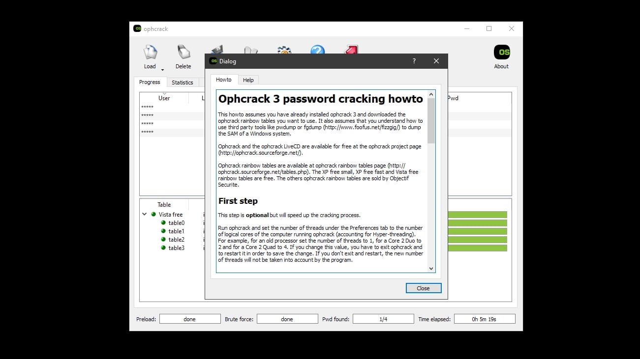 Ophcrack's guidance window displaying a guide to using the software
