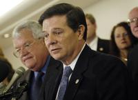 House Speaker Dennis Hastert, R-Ill.; and Majority Leader Tom DeLay, R-Texas; at a press conference to discuss the GOP accomplishments in 2004