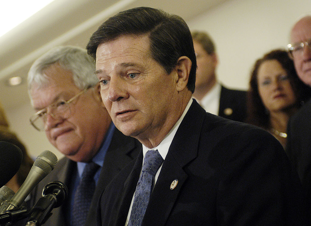 House Speaker Dennis Hastert, R-Ill.; and Majority Leader Tom DeLay, R-Texas; at a press conference to discuss the GOP accomplishments in 2004