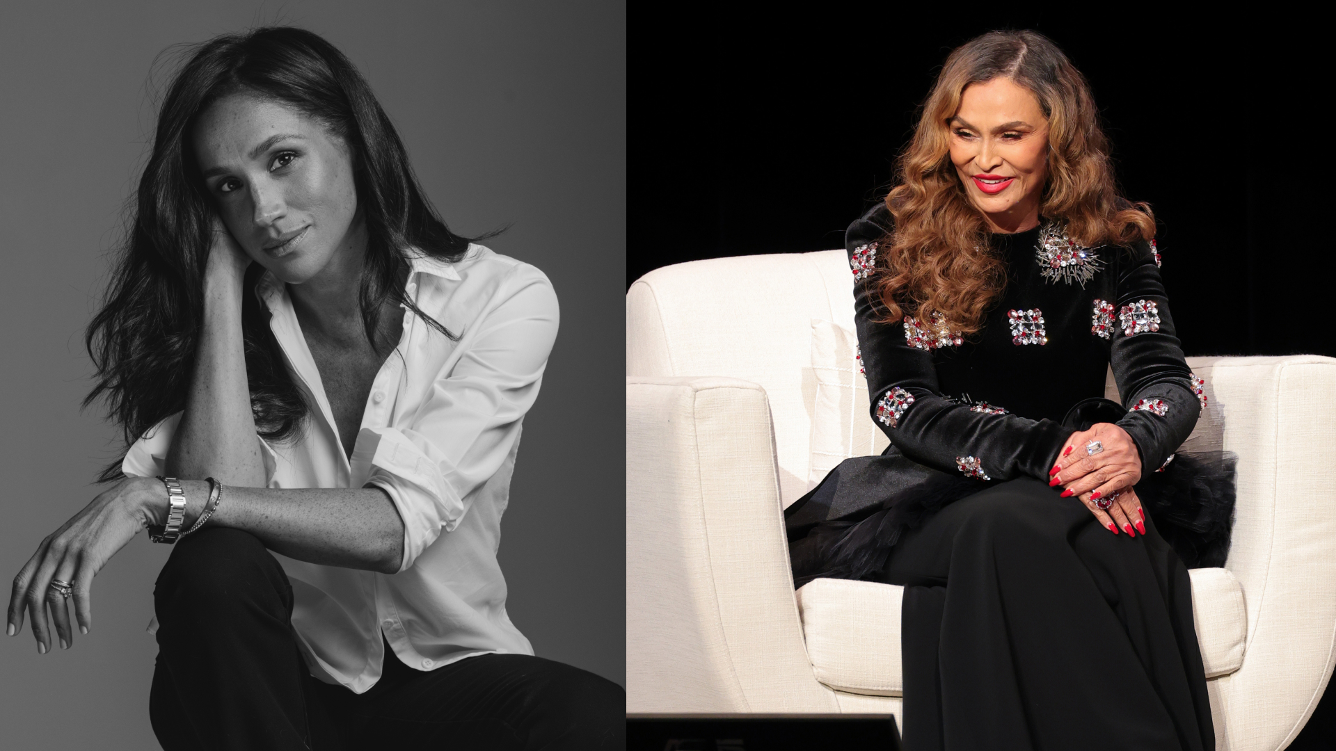 A black and white photo of Meghan Markle in a white shirt next to a photo of Tina Knowles in a black beaded top sitting in a chair smiling