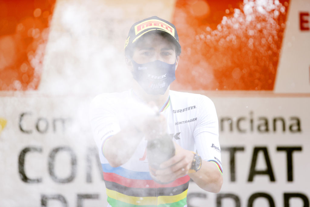 GANDIA SPAIN FEBRUARY 17 Elisa Balsamo of Italy and Team Trek Segafredo celebrates at podium as stage winner after the 6th Setmana Ciclista Valenciana Vuelta Comunidad Valenciana Feminas 2022 Stage 1 a 114km stage from Tavernes de la Valldigna to Gandia VoltaCVFemines22 on February 17 2022 in Gandia Spain Photo by Gonzalo Arroyo MorenoGetty Images