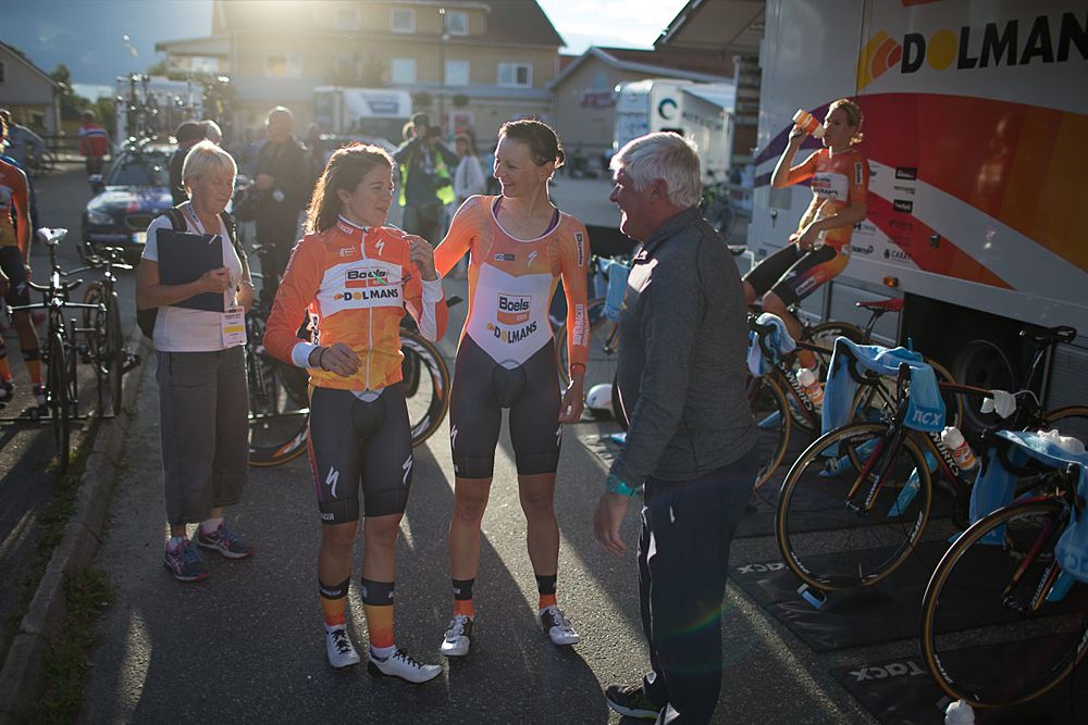 Evelyn Stevens (USA) and Katarzyna Pawlowska (POL) of Boels-Dolmans Cycling Team celebrate winning the 42,5 km team time trial of the UCI Women's World Tour's 2016 Crescent V&aring;rg&aring;rda