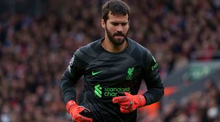 LIVERPOOL, ENGLAND - OCTOBER 29: Liverpool goalkeeper Alisson Becker during the Premier League match between Liverpool FC and Nottingham Forest at Anfield on October 29, 2023 in Liverpool, England. (Photo by MB Media/Getty Images)