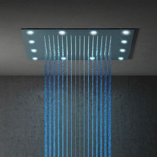 A square ceiling mounted shower with built in LED lights 